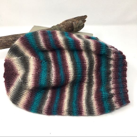 Handknitted Striped Burgundy Teal Cream Grey Ribbed Edge Unisex Slouchy Hat - Picture 2 of 16